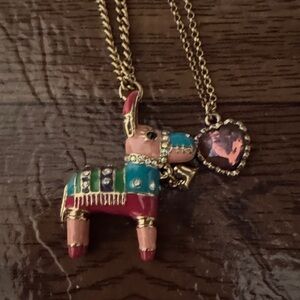 Betsey Johnson Colorful Donkey and Pink Heart Pendant Necklace